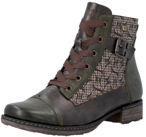 A dark green leather ankle boot with brown laces, featuring a patterned fabric side panel, a decorative buckle strap across the ankle, and a low, stacked heel.