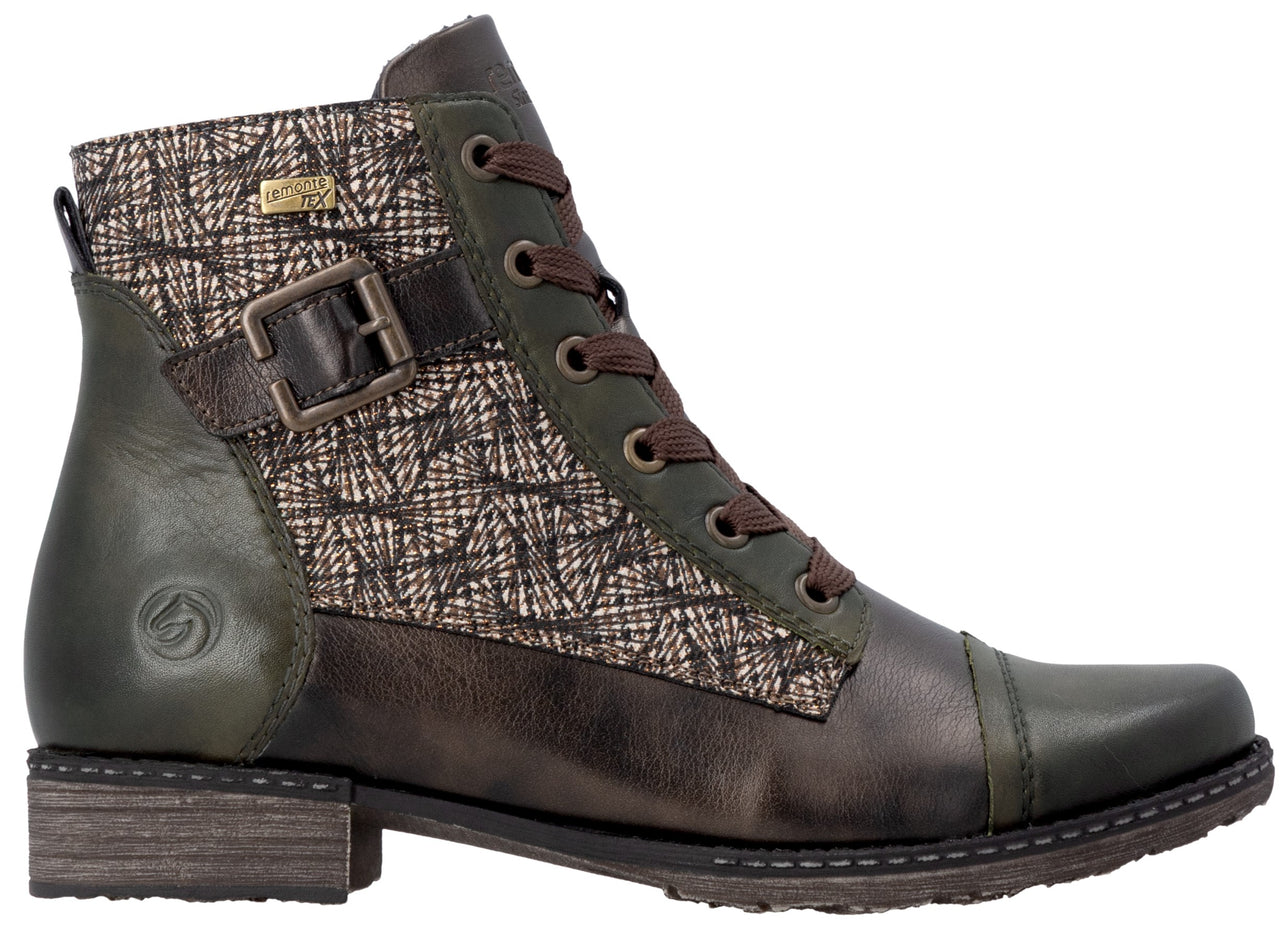 A women's olive green leather lace-up ankle boot with a patterned textile side panel, a decorative buckle strap across the ankle, brown laces, and a low block heel.