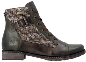 A women's olive green leather lace-up ankle boot with a patterned textile side panel, a decorative buckle strap across the ankle, brown laces, and a low block heel.