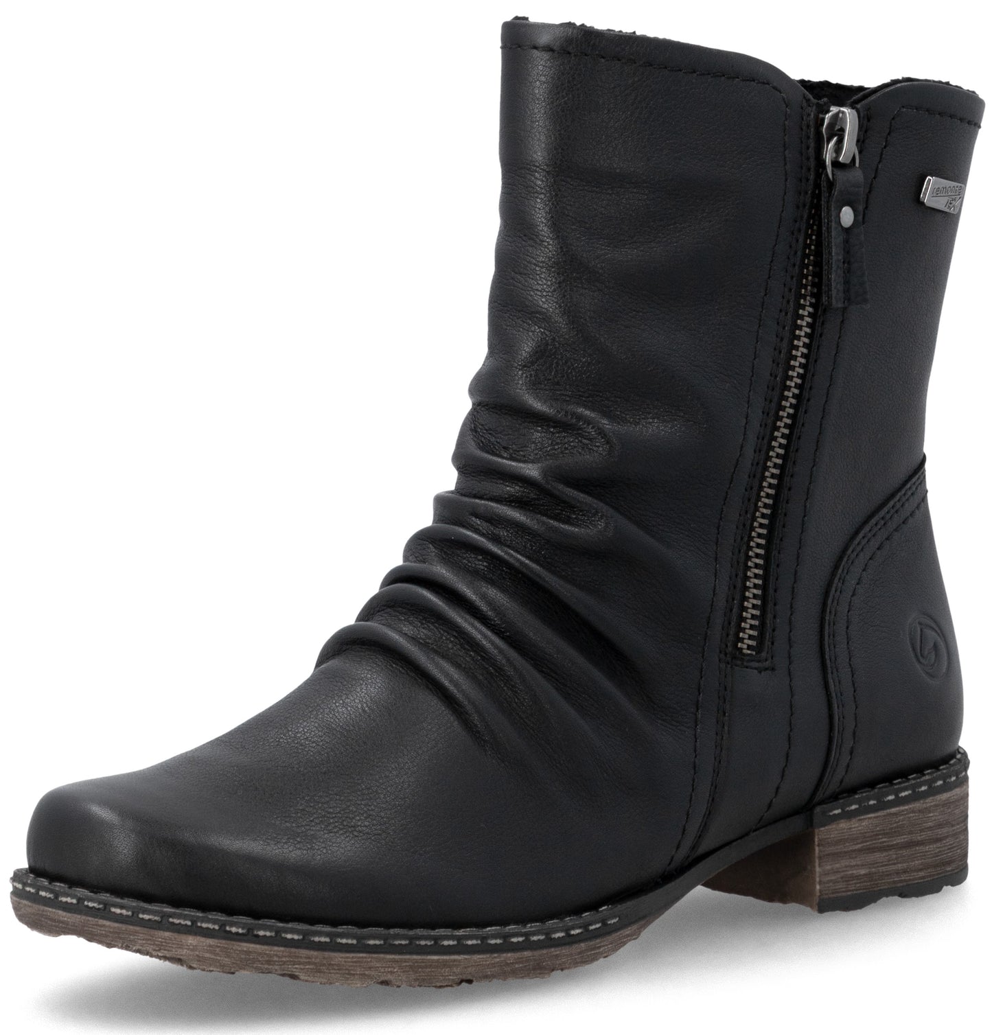 A black leather mid-calf boot with a side zipper, featuring a ruched shaft design, a stacked low heel, and decorative stitching along the sole.