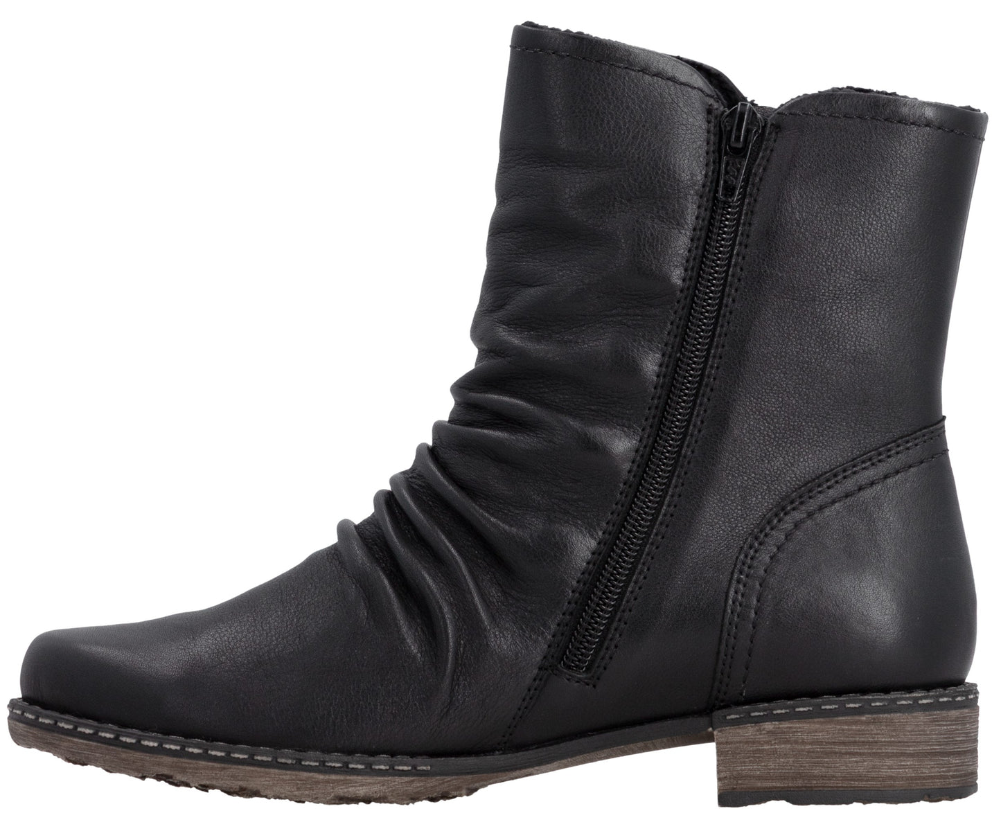 A black leather-like ankle boot with a side zipper, a ruched shaft, and a low, wood-grain textured block heel.