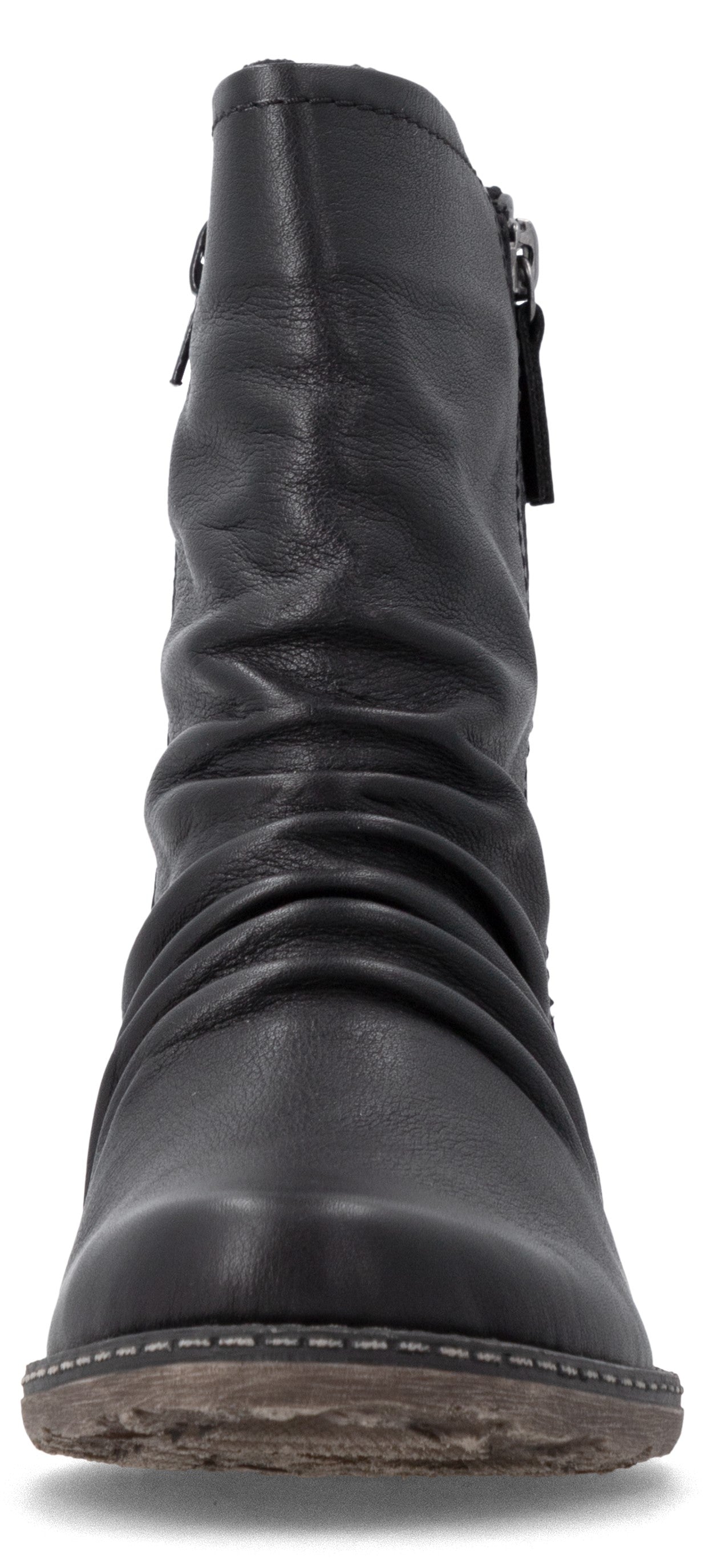 A black leather mid-calf boot featuring a slouchy design with horizontal creases along the shaft, a side zipper, a rounded toe, and a low, textured sole.