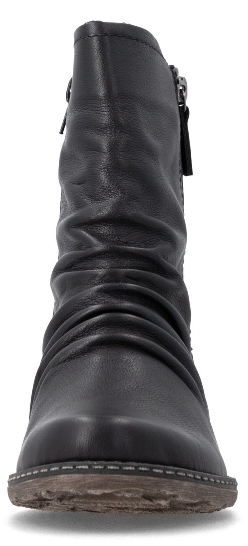 A black leather mid-calf boot featuring a slouchy design with horizontal creases along the shaft, a side zipper, a rounded toe, and a low, textured sole.