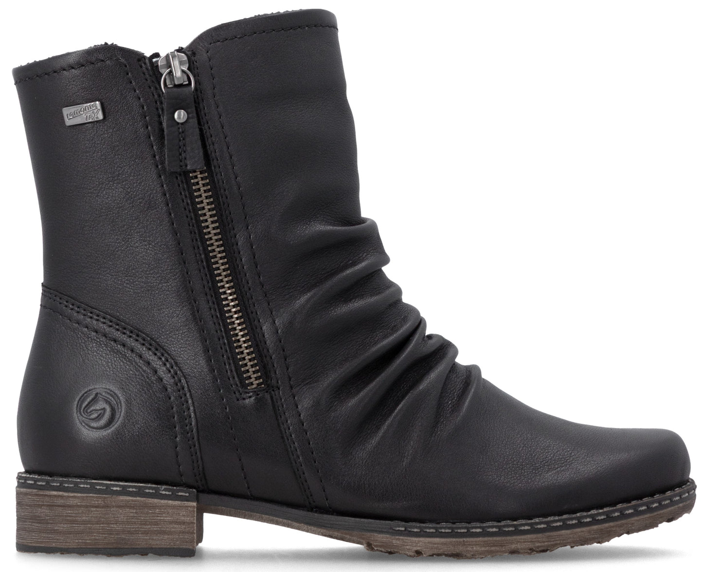 A black leather ankle boot with a ruched upper, a side zipper, and a low, stacked wood-effect heel.