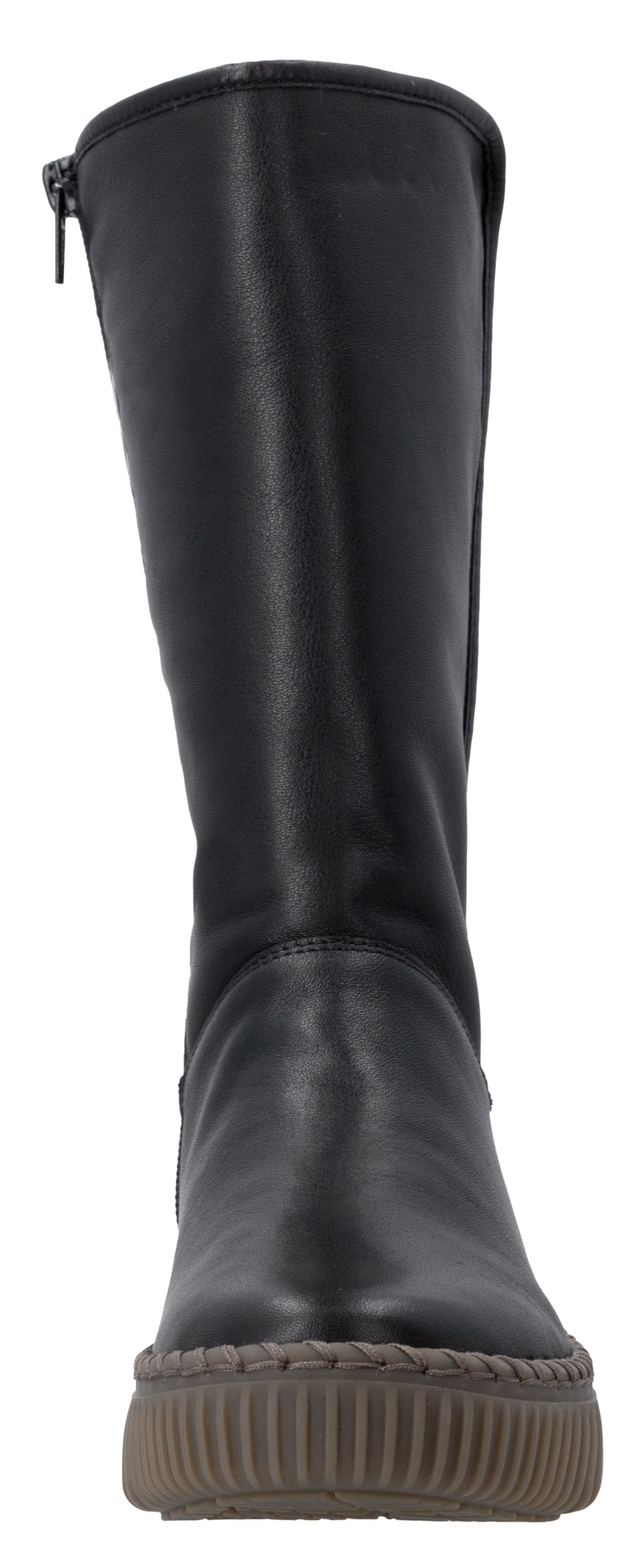 A black, knee-high, zip-up flat boot featuring a brown, ridged rubber platform sole with a decorative braided trim around the midsole.
