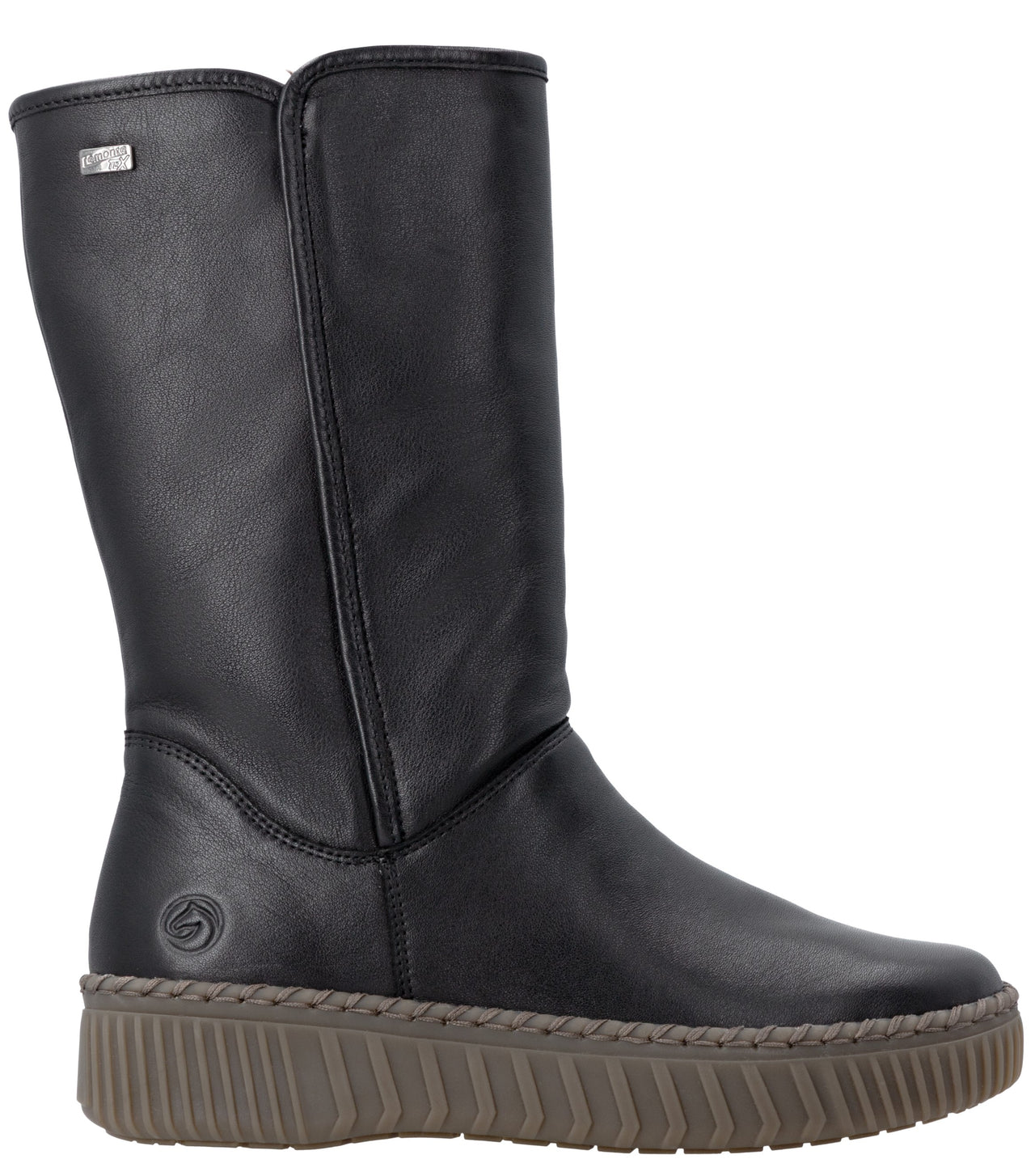 A black leather calf-high boot with a vertical seam up the side, a small embossed circular logo on the heel, and a textured, ribbed gray rubber platform sole.
