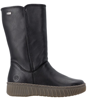 A black leather calf-high boot with a vertical seam up the side, a small embossed circular logo on the heel, and a textured, ribbed gray rubber platform sole.