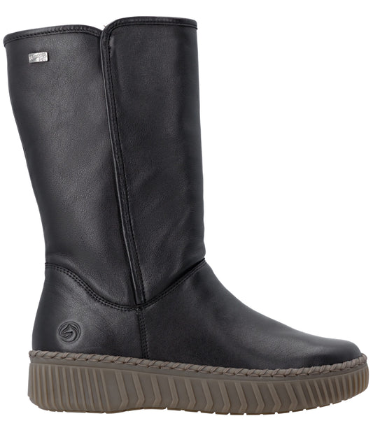 A black leather calf-high boot with a vertical seam up the side, a small embossed circular logo on the heel, and a textured, ribbed gray rubber platform sole.