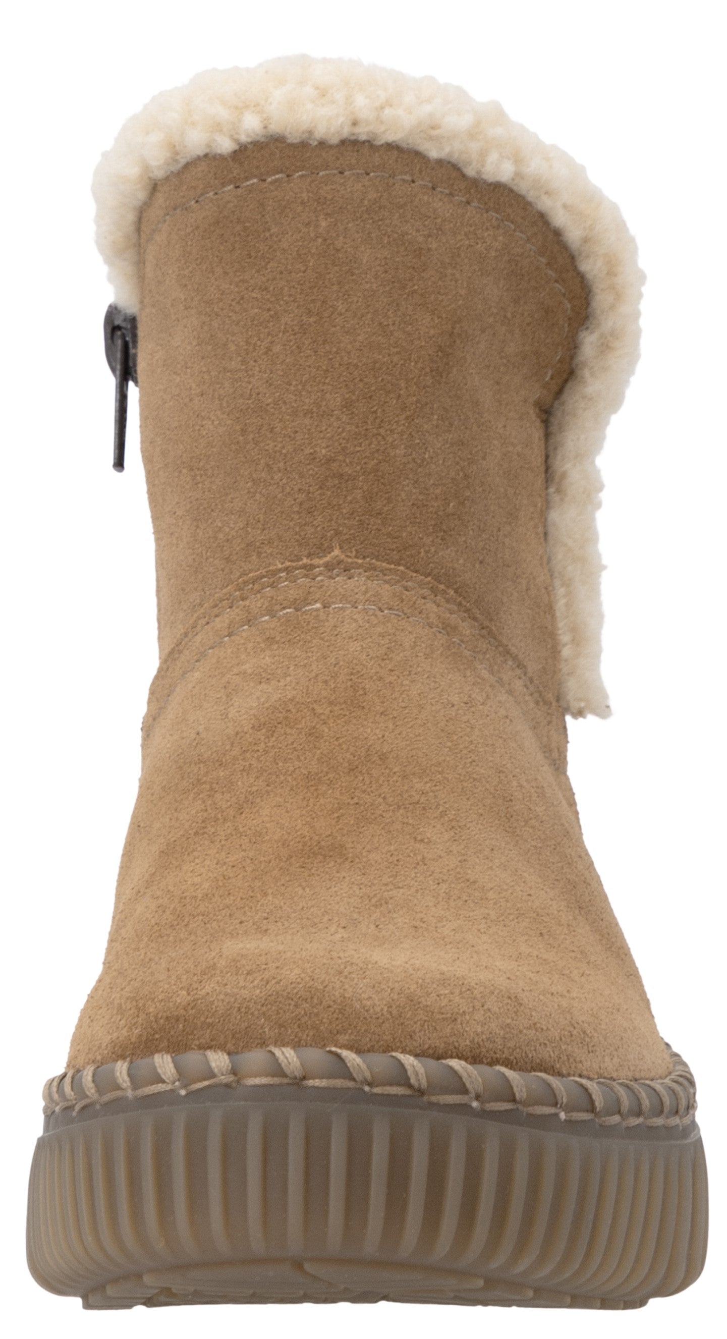 A tan suede ankle boot with a cream faux-fur lining and a thick, ribbed brown rubber sole, shown from a front-facing perspective.