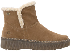 A tan suede ankle boot with a beige faux-shearling lining and cuff, featuring a stitched welt above a thick, ribbed brown platform sole with a small embossed logo on the side.