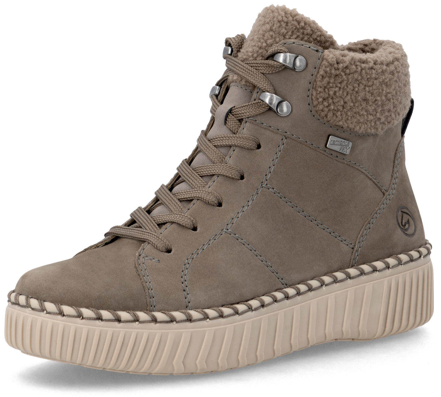 A tan, ankle-high lace-up sneaker with a brown faux-fur collar, featuring a thick, ribbed, cream-colored rubber sole with decorative stitching along the top edge, and a small logo embossed on the outer heel.