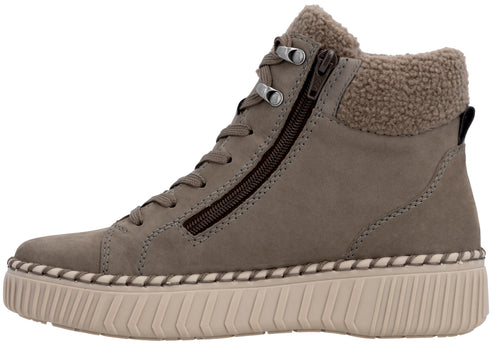 A taupe leather ankle boot with a high-top sneaker style featuring a thick, ribbed beige platform sole, a decorative stitched edge, lace-up front, and a side zipper closure, topped with a faux-shearling cuff.