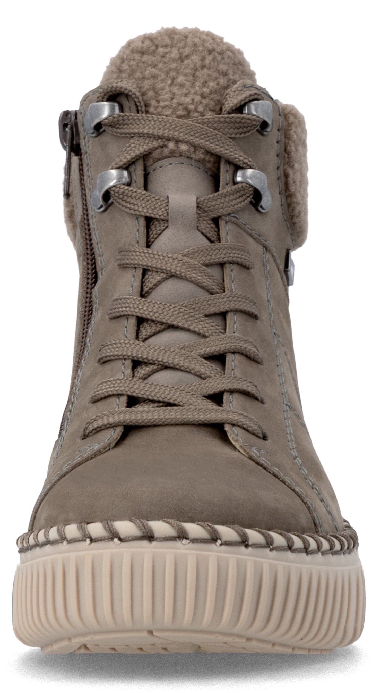 A light brown, ankle-high lace-up winter boot with a tan, textured rubber toe cap featuring a decorative stitched welt, a plush faux-fur collar, and a side zipper.