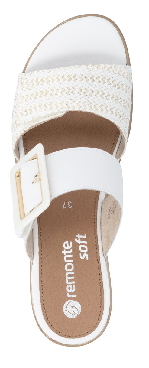 White sandal with a buckle.