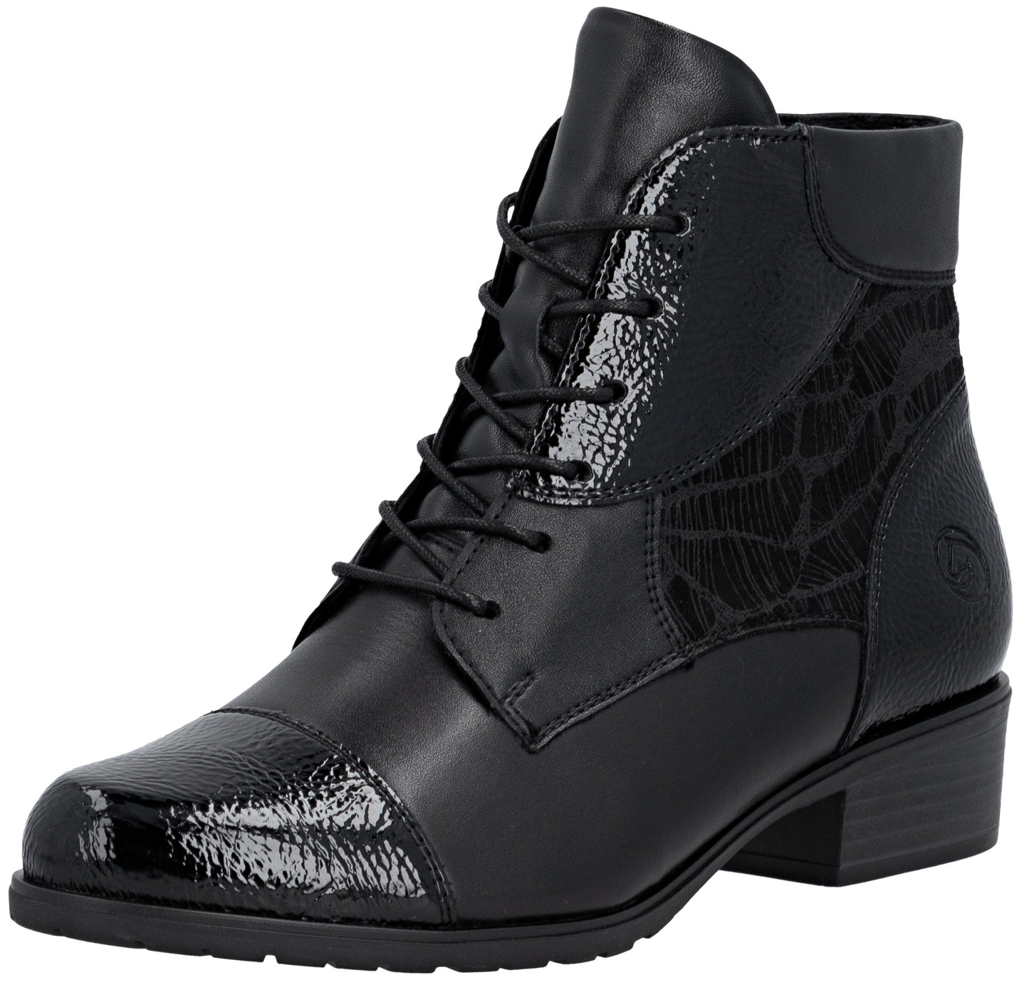 A black ankle boot with a rounded, patent-leather toe cap and a lace-up front. The boot features a textured, patterned side panel, a short block heel, and a small logo embossed on the outer heel area.