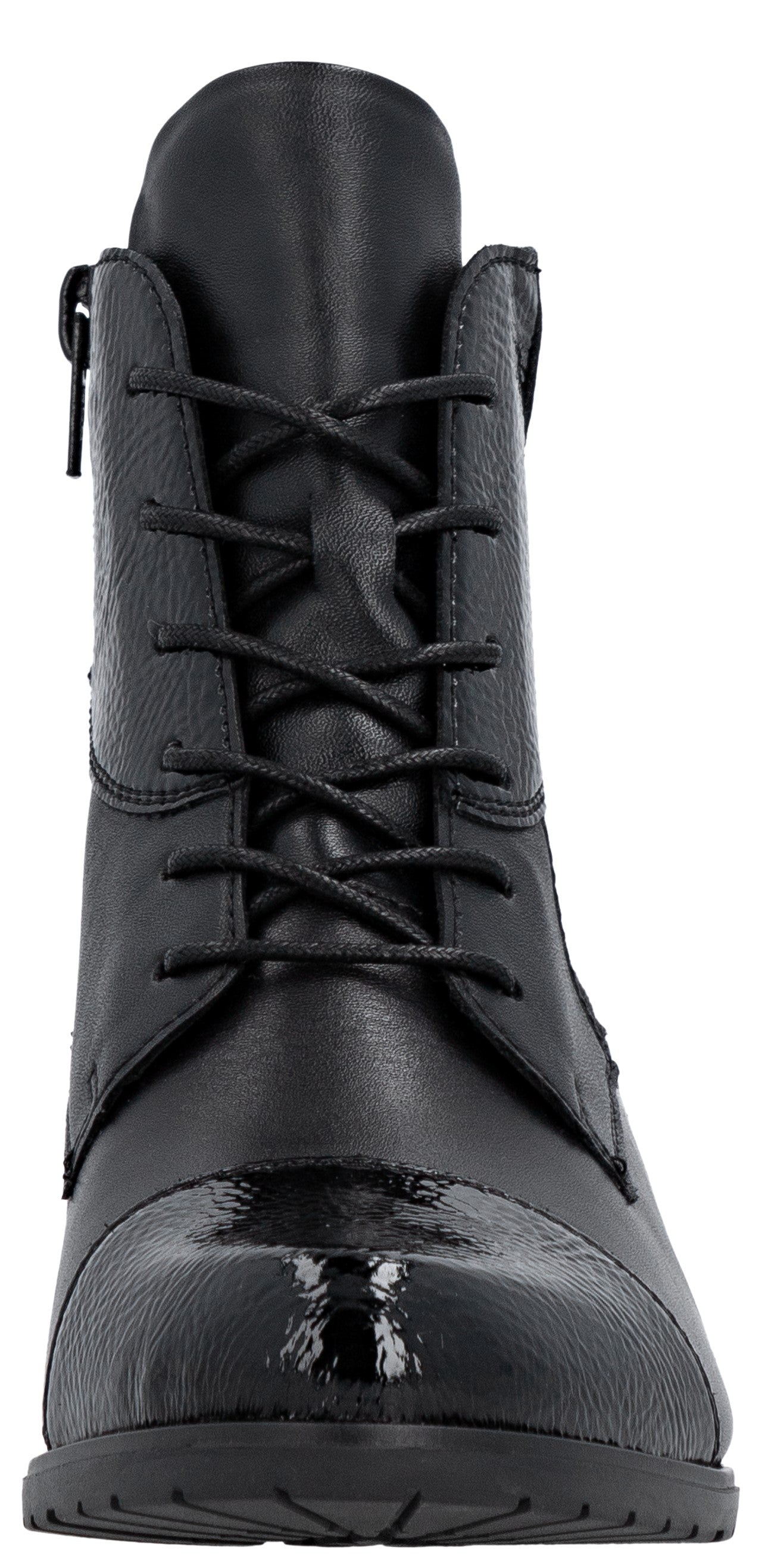 A black leather lace-up ankle boot with a patent leather cap toe and a side zipper.