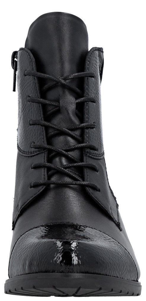 A black leather lace-up ankle boot with a patent leather cap toe and a side zipper.