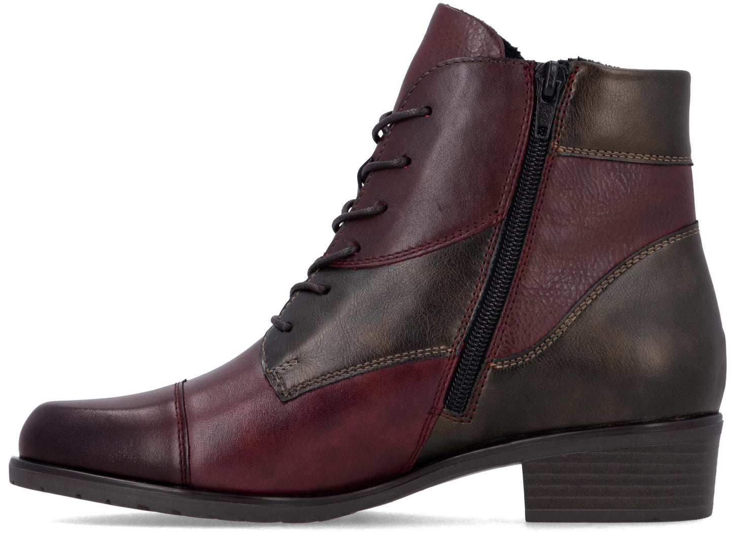 A two-toned, ankle-high leather boot featuring a burgundy front and toe cap with a dark charcoal-colored heel and side panel, designed with a lace-up front, a side zipper, and a low, stacked heel.