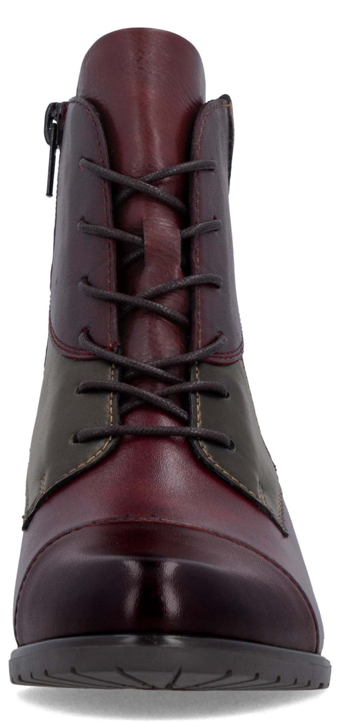 A two-toned burgundy and olive green leather lace-up ankle boot shown from a front-facing perspective, featuring a round toe, matching laces, and a side zipper.