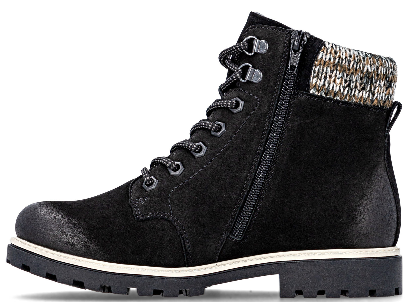 Black suede ankle boot with lace-up closure and side zipper.
