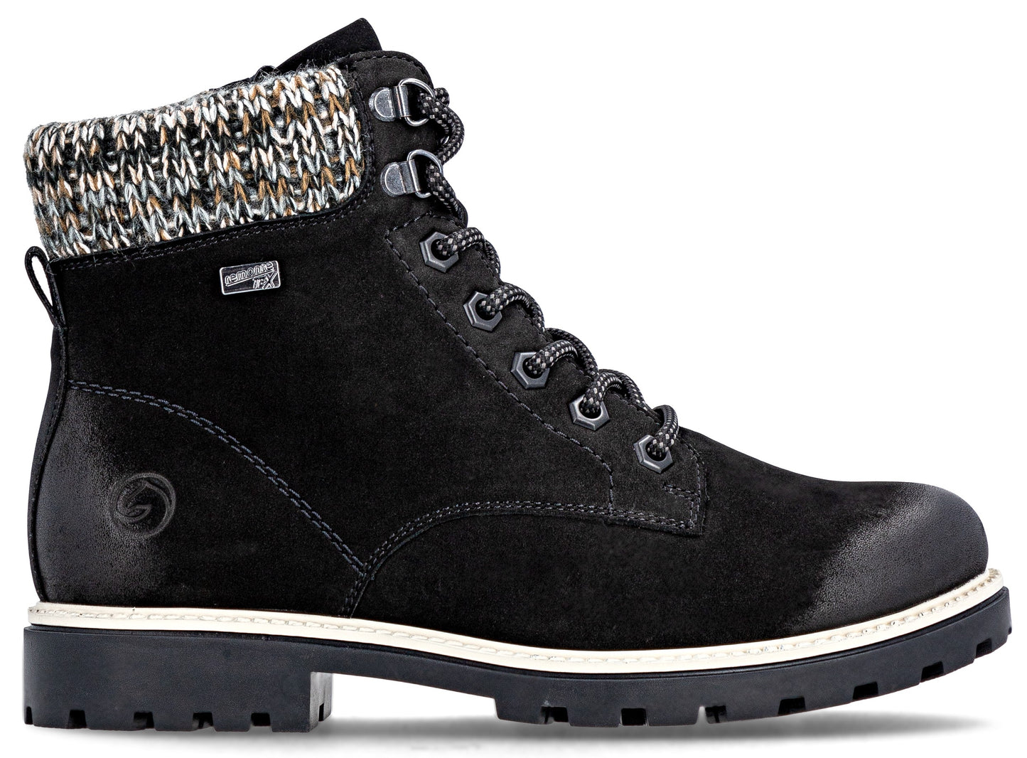 Black ankle-high boot with a white sole and multicolored knit lining.