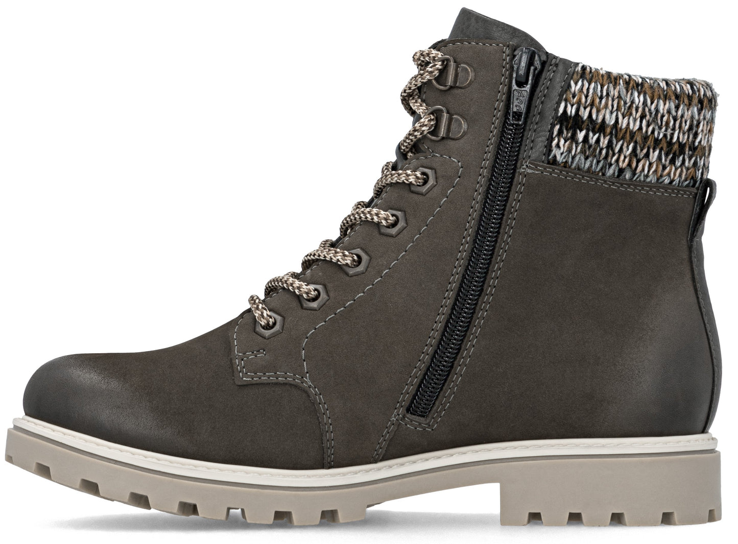 Gray lace-up ankle boot with a side zipper and knit collar.