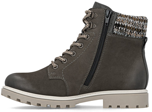 Gray lace-up ankle boot with a side zipper and knit collar.