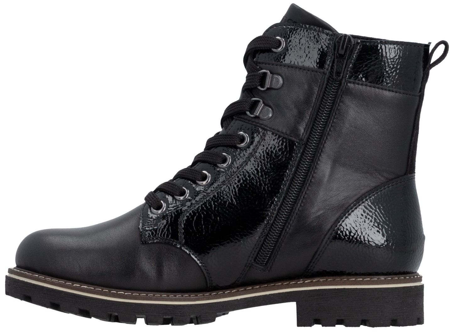 A black lace-up combat boot with a side zipper, featuring a mix of smooth and textured glossy leather panels, metallic eyelets, a thick lugged sole with a visible welt, and a small pull tab at the heel.