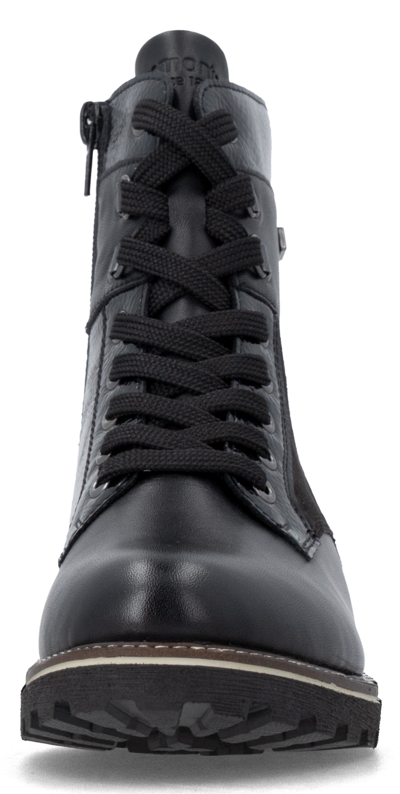 A black leather lace-up combat boot with a side zipper and a thick, lugged sole, viewed from the front.