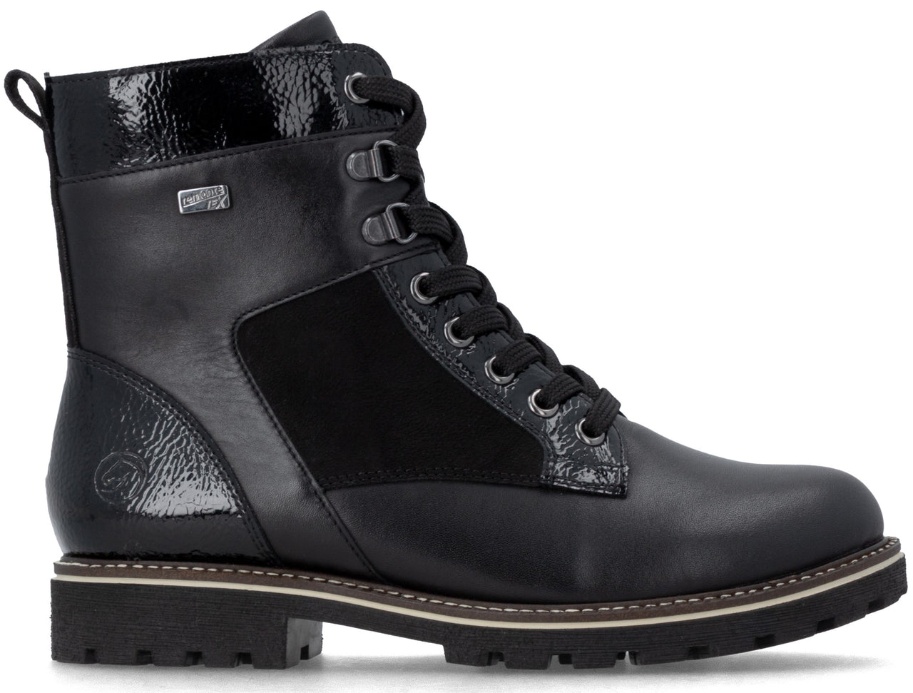 A black leather and suede lace-up boot with a patent leather collar and heel, featuring metal eyelets, a lugged sole, and a Rieker Tex logo tag on the side.