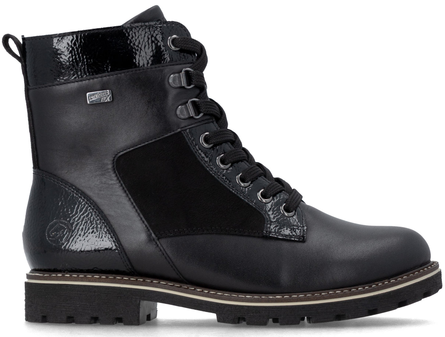 A black leather and suede lace-up boot with a patent leather collar and heel, featuring metal eyelets, a lugged sole, and a Rieker Tex logo tag on the side.