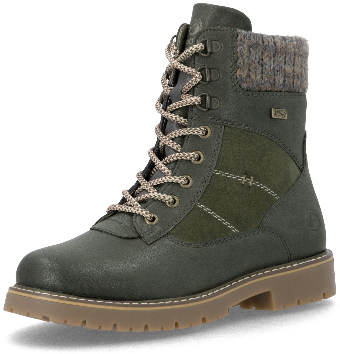 A dark green lace-up winter boot with a lug sole, featuring a gray sweater-knit cuff at the top, patterned laces, and decorative stitching on the side.