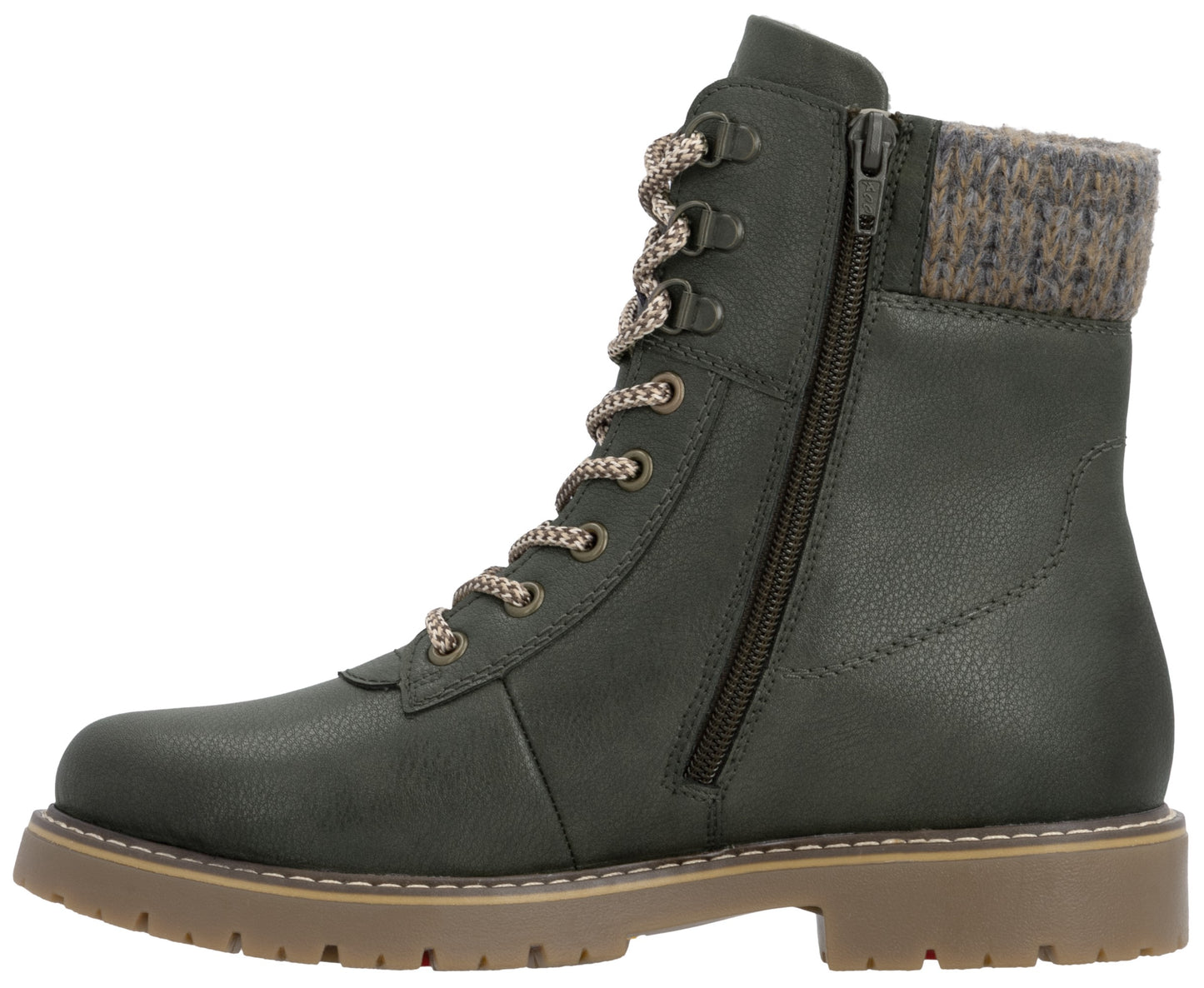 A dark green leather combat-style ankle boot with a lace-up front, a side zipper closure, and a heathered brown knit cuff, set on a chunky tan lug sole.