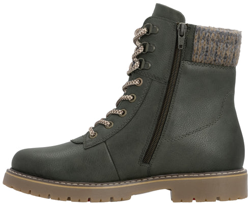 A dark green leather combat-style ankle boot with a lace-up front, a side zipper closure, and a heathered brown knit cuff, set on a chunky tan lug sole.