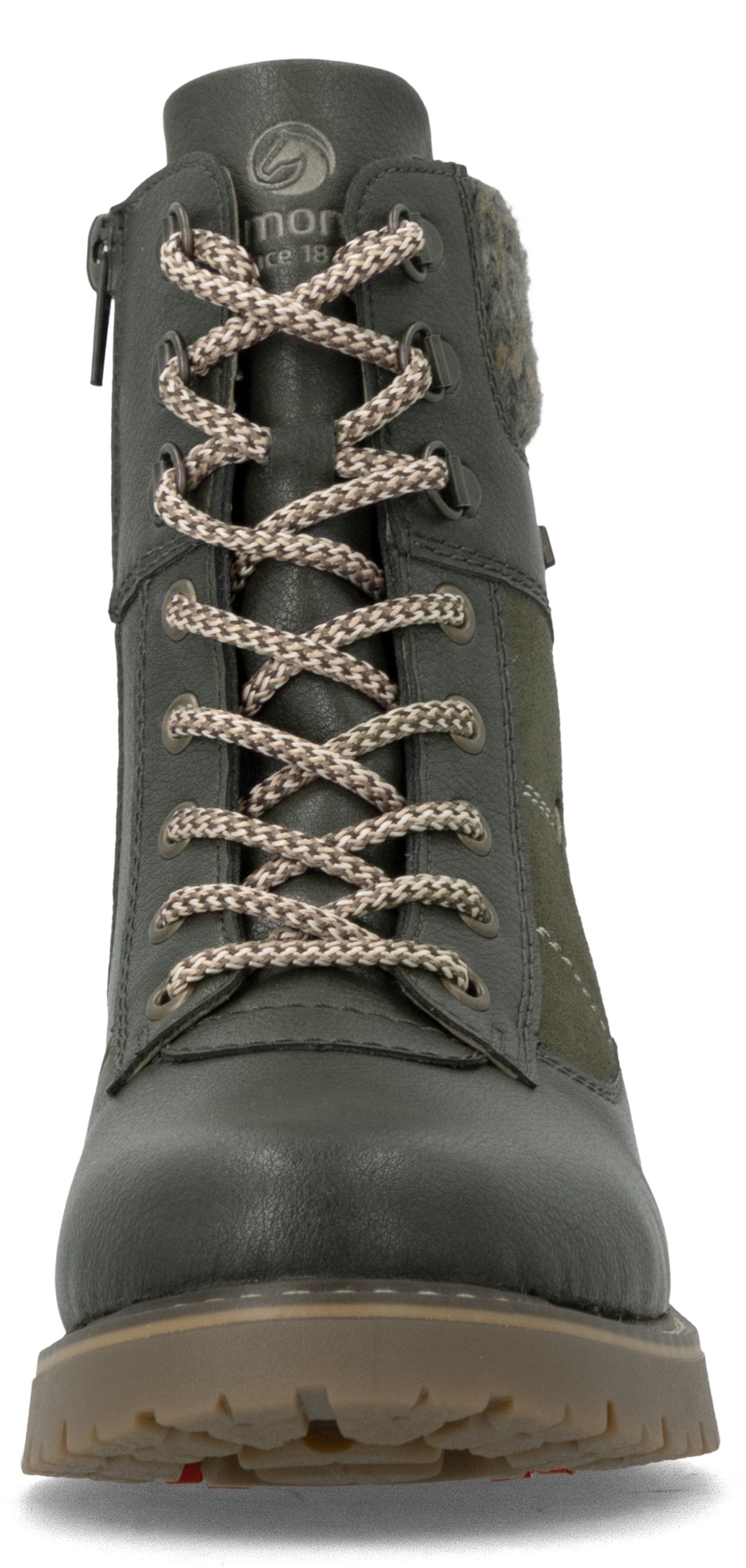 A front-facing view of a dark olive green, mid-calf lace-up boot with a thick lug sole, featuring patterned laces and a zipper detail on the side.