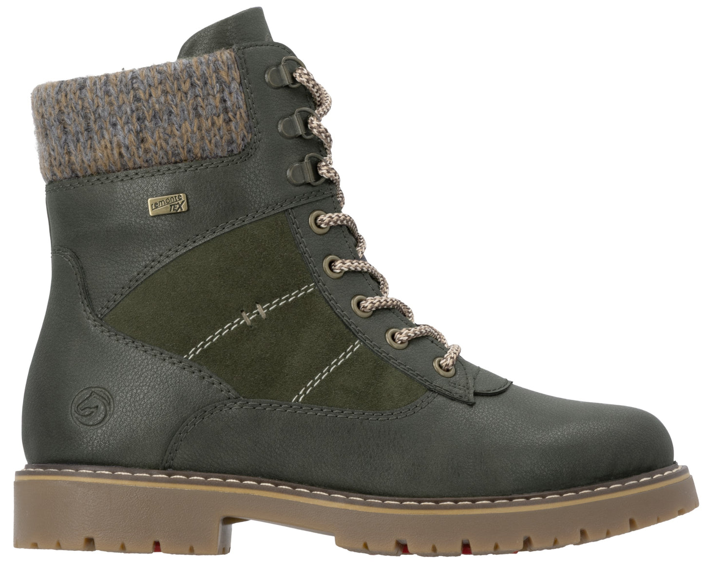 A dark olive green women's lace-up ankle boot featuring a textured knit collar, a leather-like lower boot with a suede side panel, decorative stitching, and a sturdy brown lug sole.