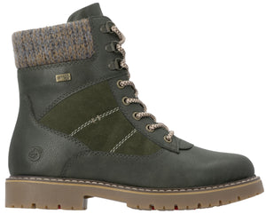 A dark olive green women's lace-up ankle boot featuring a textured knit collar, a leather-like lower boot with a suede side panel, decorative stitching, and a sturdy brown lug sole.