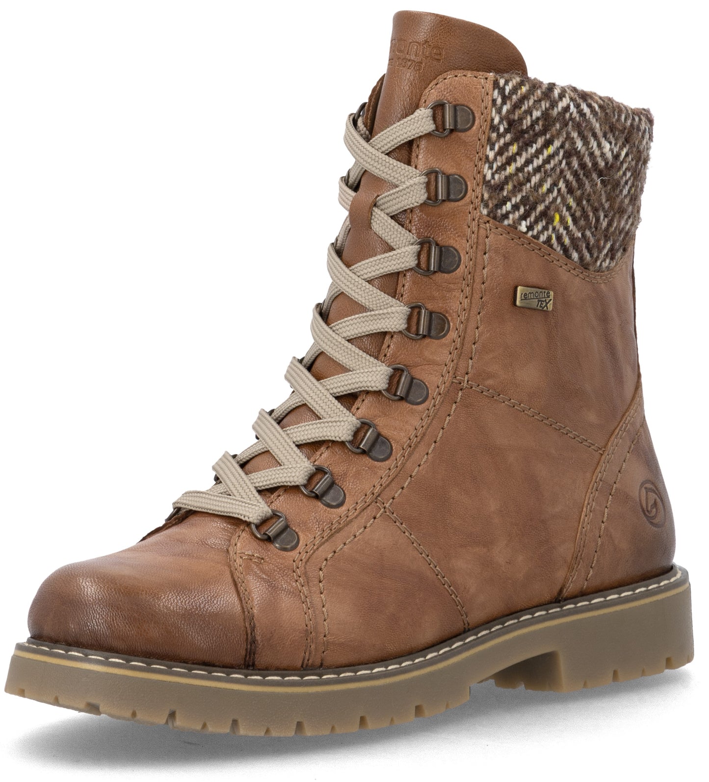 A tan leather lace-up boot with a herringbone patterned wool-blend cuff at the ankle, metal eyelets, and a thick, lugged rubber sole.