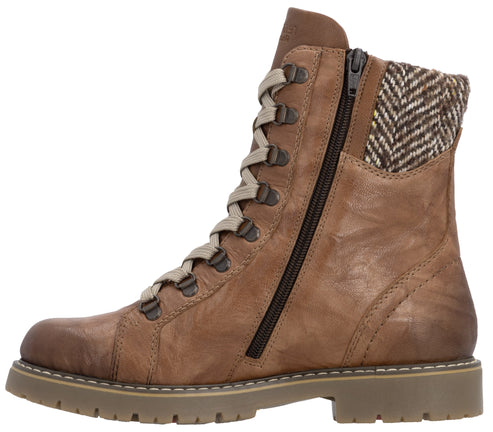 A tan leather lace-up boot with a side zipper and a brown and white herringbone tweed fabric accent at the collar, featuring a lugged rubber sole.
