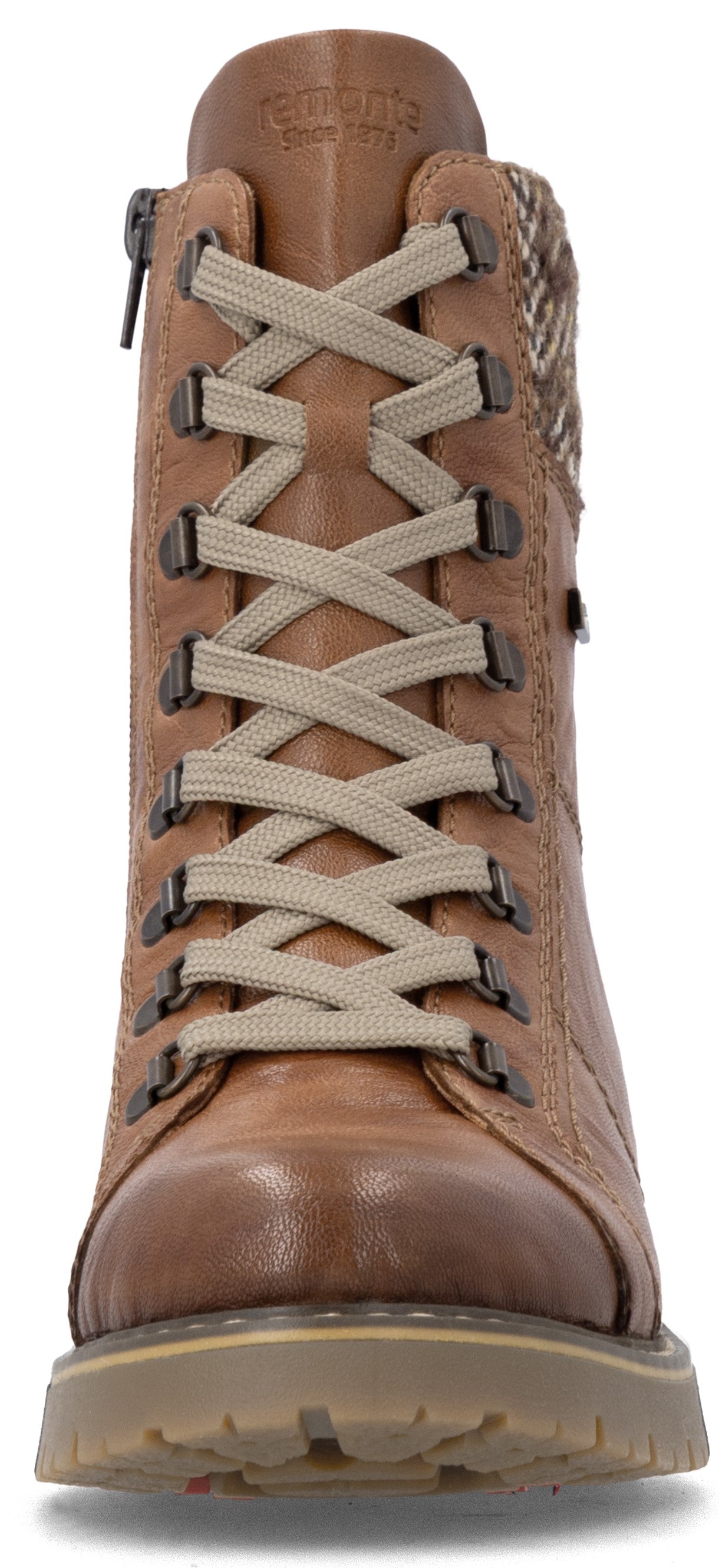 A tan leather lace-up boot with a thick lug sole, light-colored laces, metal eyelets, and a knit cuff detail at the top.