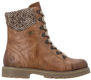 A brown leather ankle boot with a herringbone pattern wool collar, a lace-up front with metal eyelets, and a thick, lugged rubber sole.