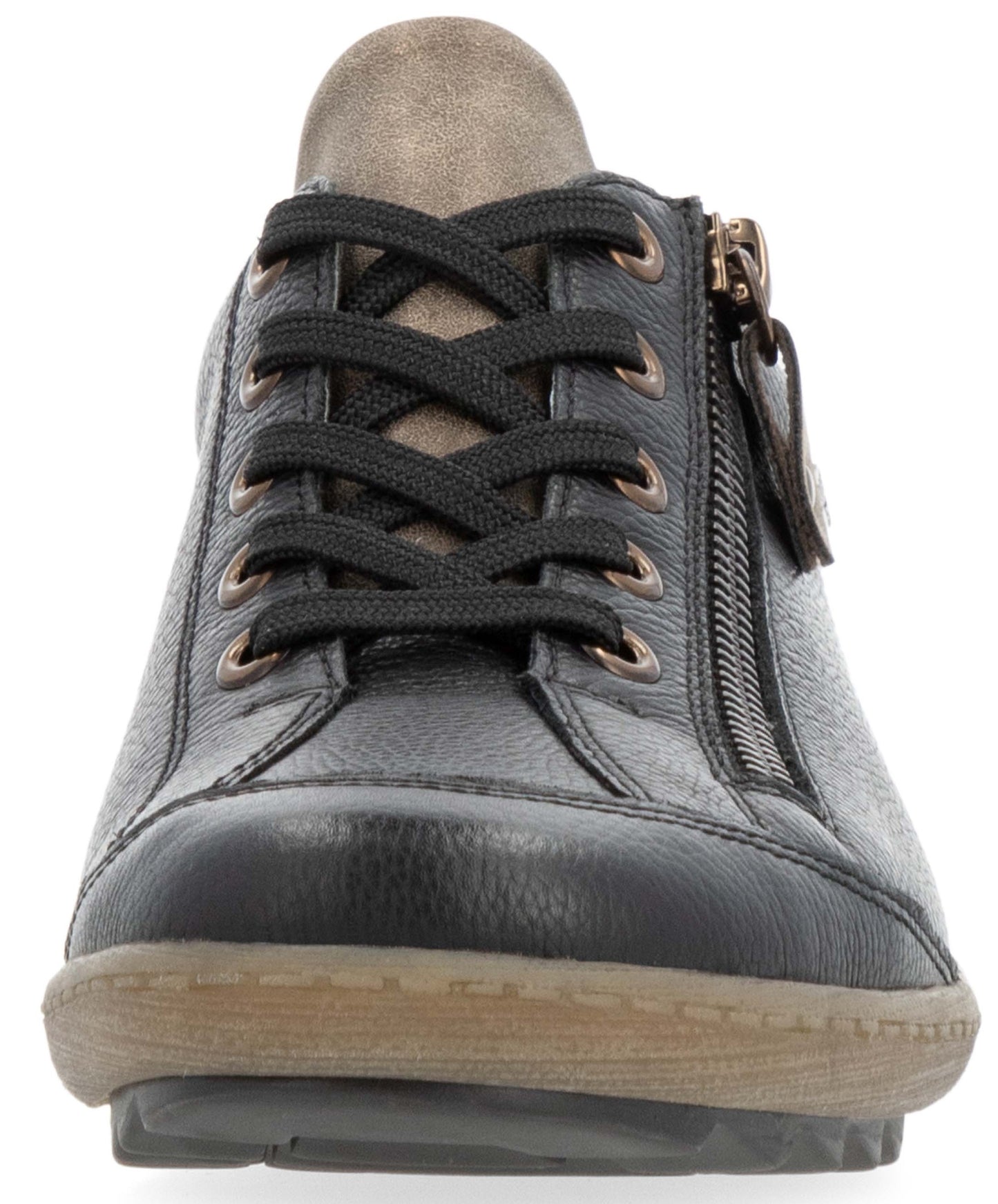 Front view of a black leather sneaker with black laces, bronze-colored eyelets, a side zipper, and a light brown rubber sole.
