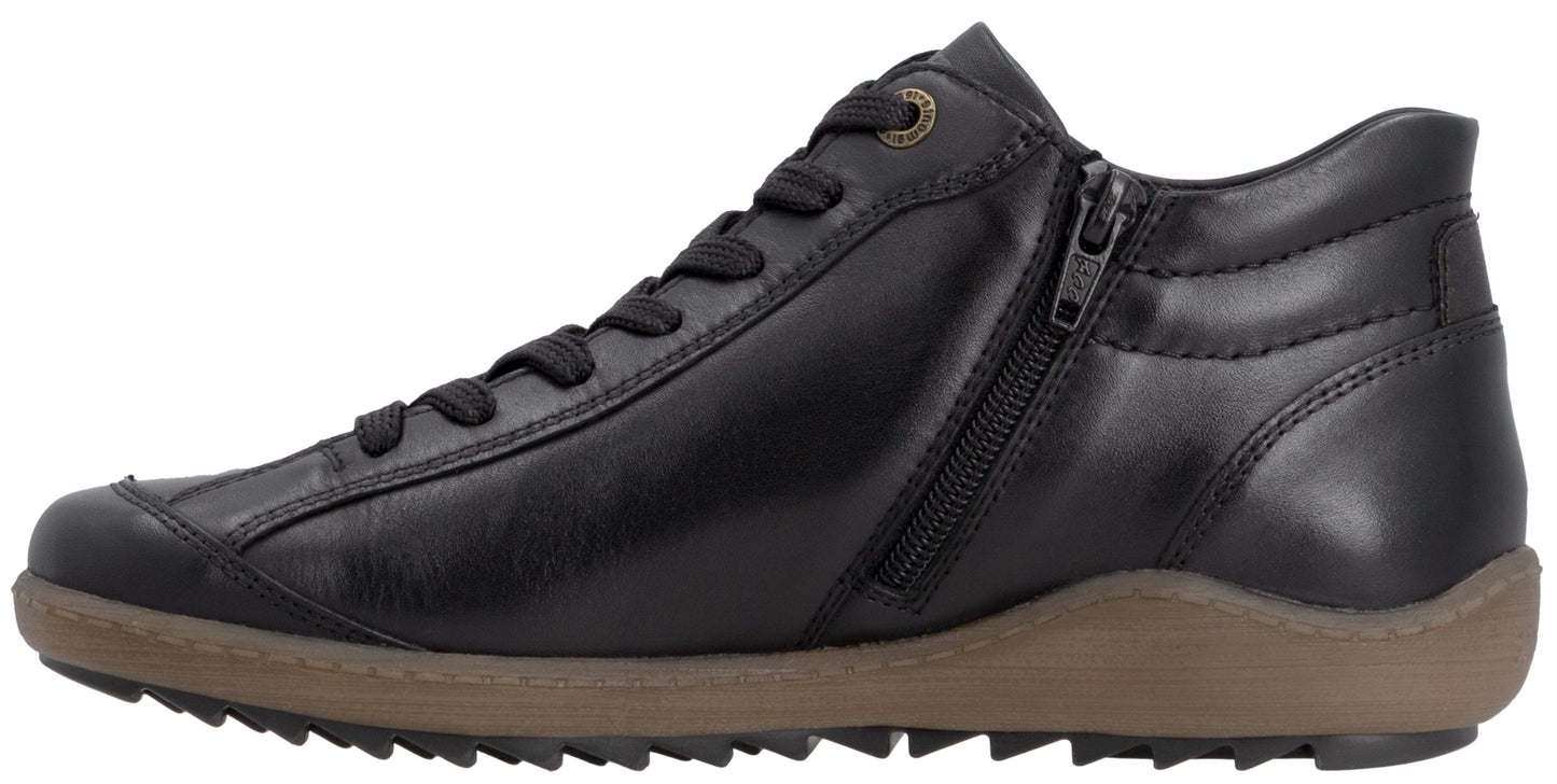 A black leather high-top sneaker with a brown, textured rubber sole, black laces, and a functional side zipper.