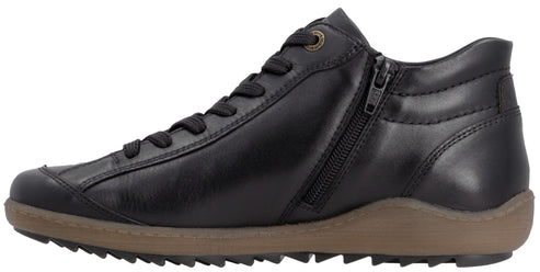 A black leather high-top sneaker with a brown, textured rubber sole, black laces, and a functional side zipper.