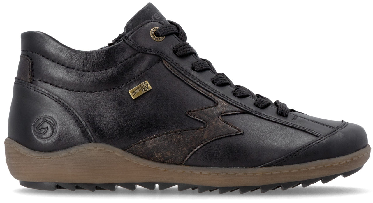 A black leather casual lace-up ankle shoe with a brown, textured rubber sole and a small golden badge on the side.