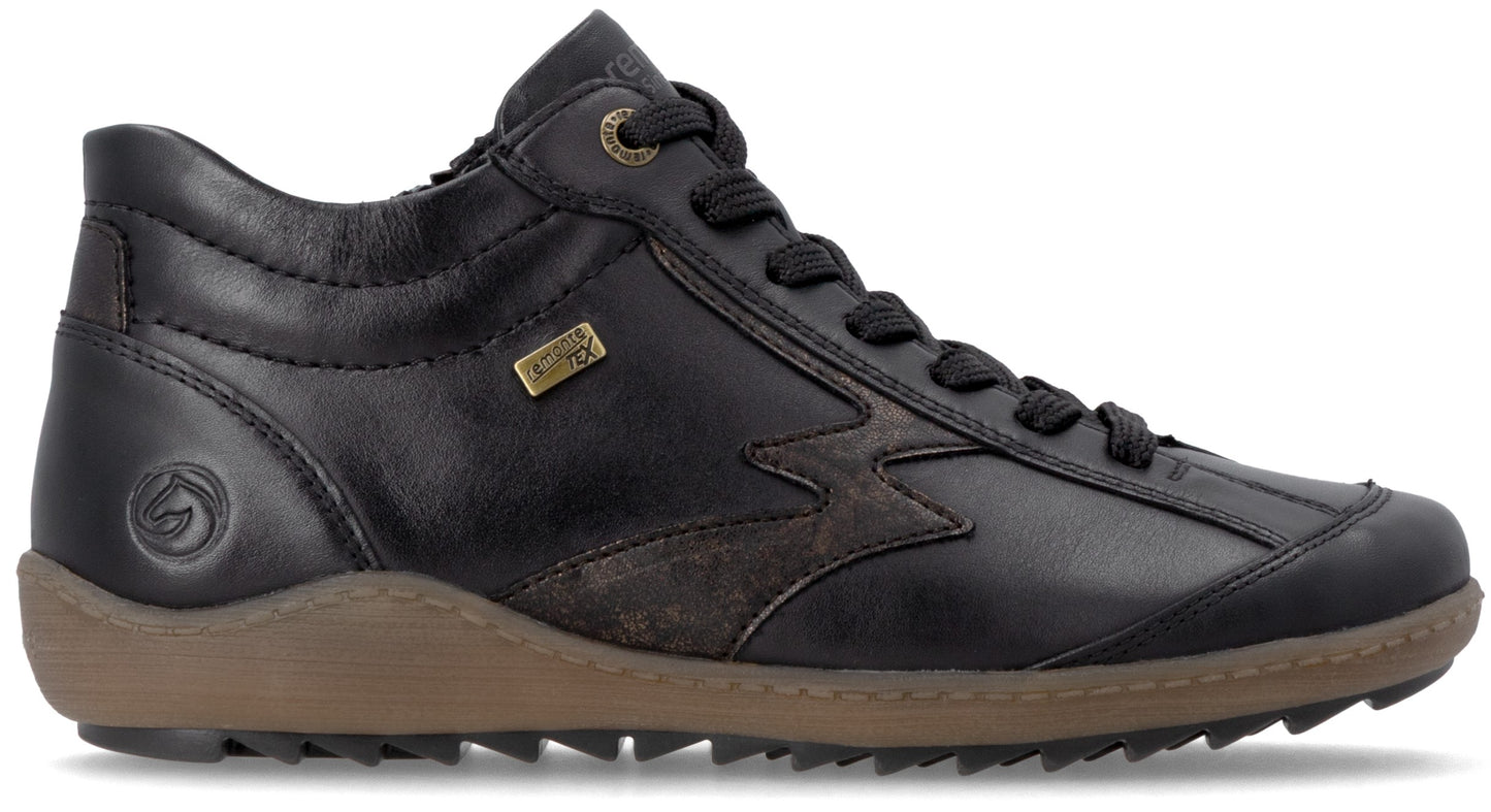 A black leather casual lace-up ankle shoe with a brown, textured rubber sole and a small golden badge on the side.
