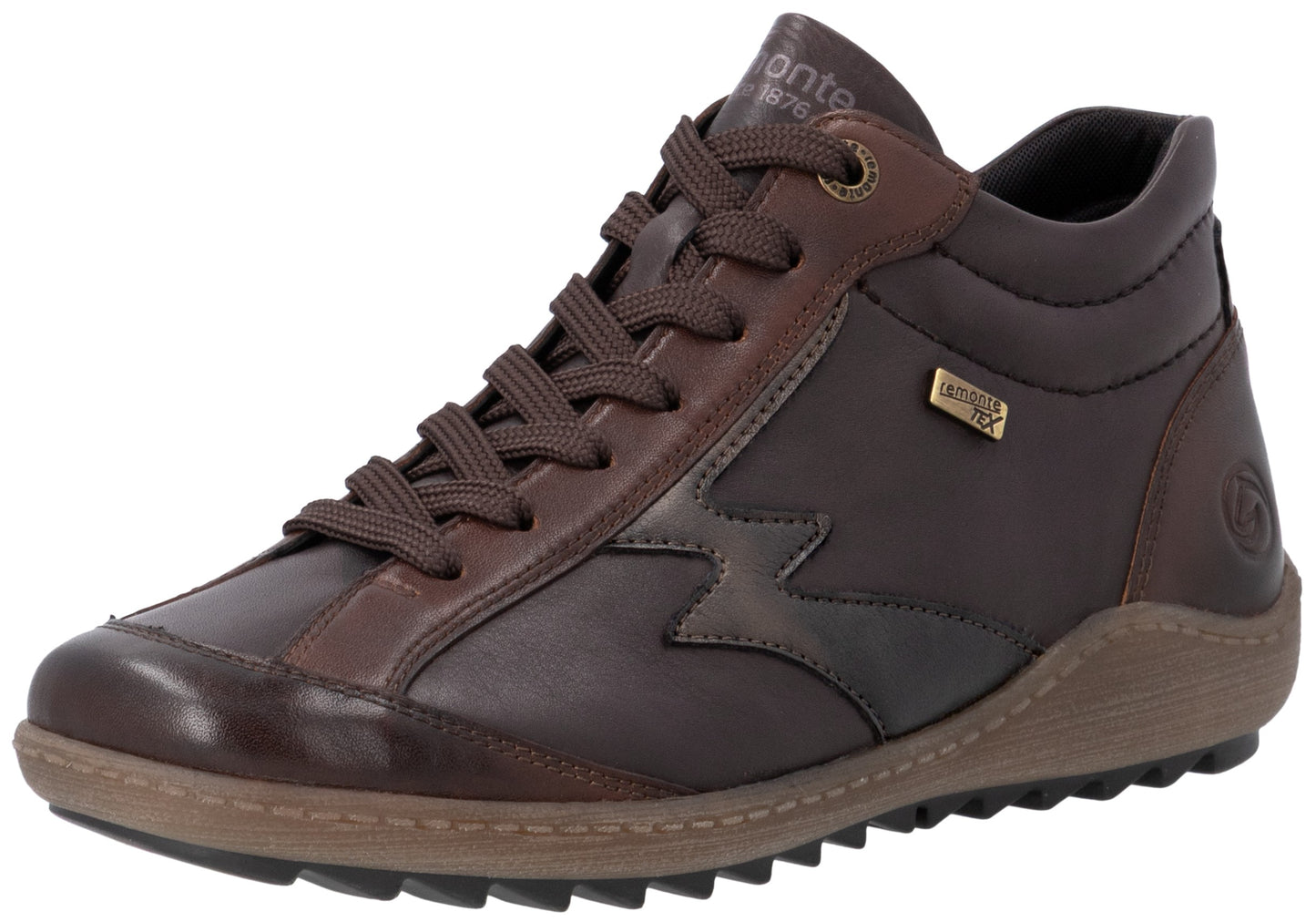 A brown leather ankle-height sneaker featuring brown laces, a light brown textured midsole with a sawtooth tread, and a small metallic label reading 'JOMONTE TEX' on the side.