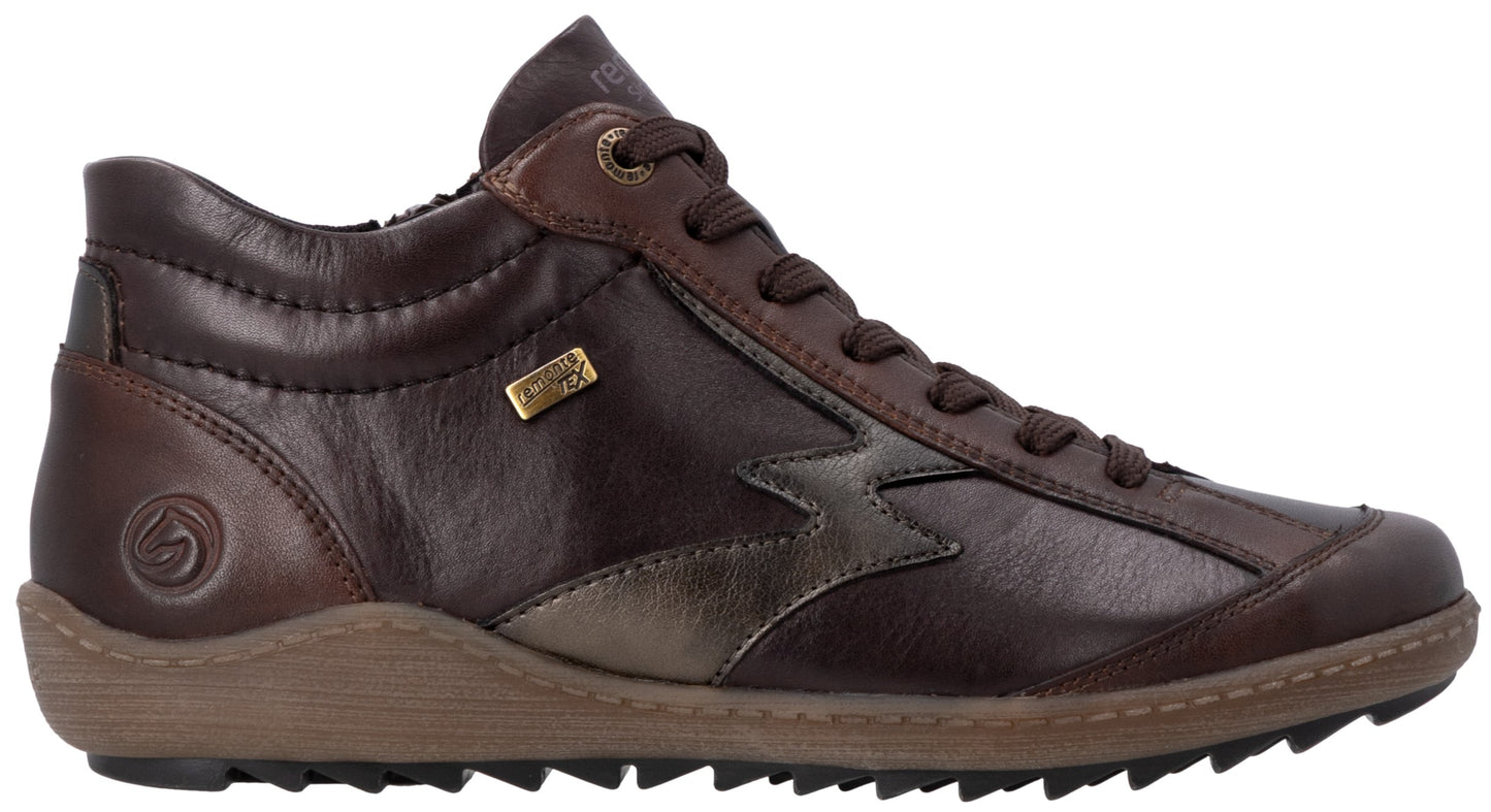 A brown leather ankle-height sneaker with dark brown laces, a side zipper, a light brown textured sole, and a metallic emblem on the side.