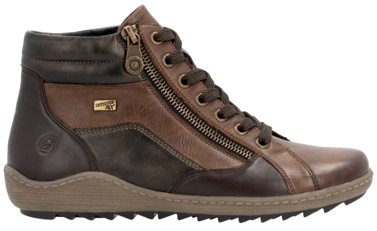 High-top boot with brown leather paneling, lace-up closure, and side zipper.