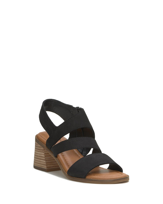 A black heeled sandal with an elastic upper and a stacked heel.